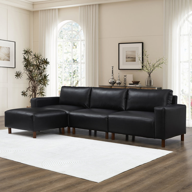 Canapé modulaire en L avec repose-pieds convertible, Black Faux Leather