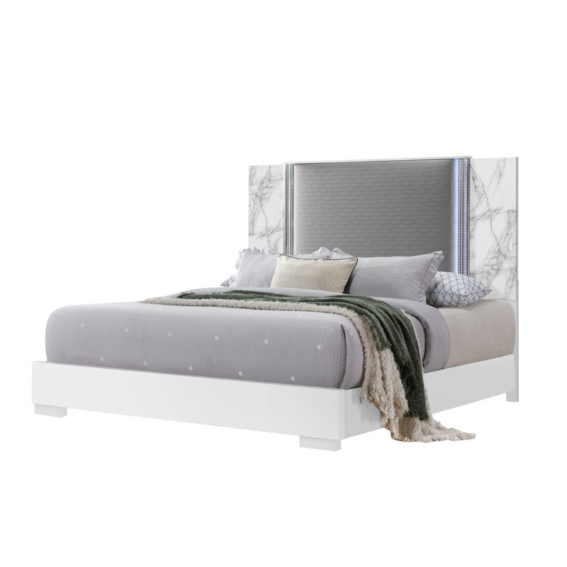 Moon White Marble Queen Bed With Led, Contemporary Style Panel Bed, Covered, Solid Wood+, Bedroom For Comfortable Rest Led - Enhanced Modern Design, Rubberwood Structure, Upholstery, Serene Nights