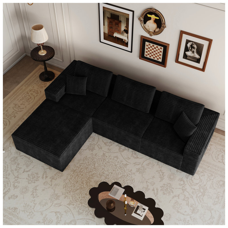 Canapé modulaire à 4 places en noir, aucun assemblage requis, canapé rembourré en mousse compacte, Black Corduroy