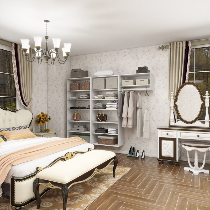 White Modular Walk in Closet Organizer System with a rod and 13 shelves