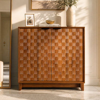 24 Pair Shoe Cabinet with Adjustable Shelves, Modern Sculpted Checkerboard Texture Storage Cabinet for Entryway, Living Room, Closet, Walnut Brown