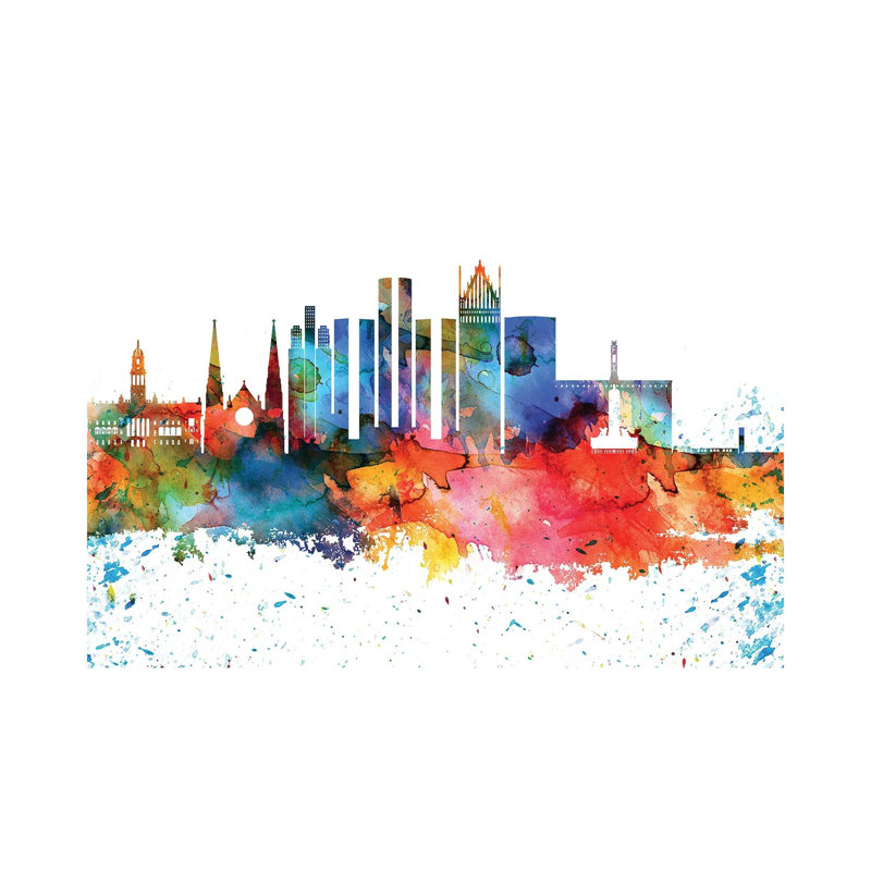 Silhouette de Detroit, aquarelle colorée, H 18 po x l 26 po x P 1,5 po