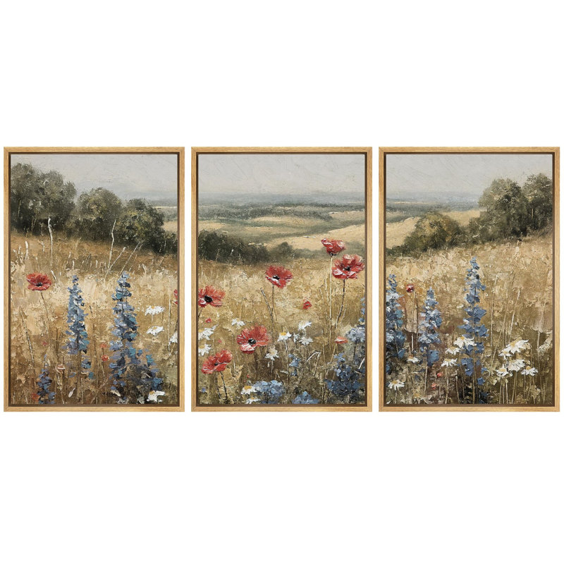 " Rural Splendor Delicate Wildflowers In Meadow Rustic Landscape Illustration Rustic Decor Multicolor " 3 - Pieces, Natural