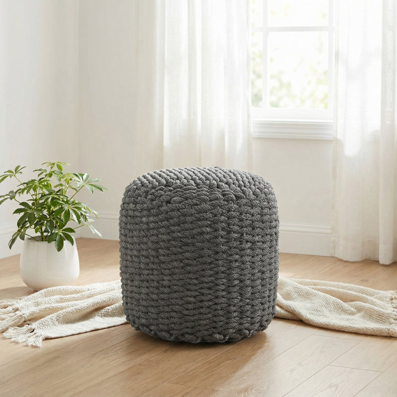 Dinwiddie Round Rope Pouf Ottoman, Grey Fabric