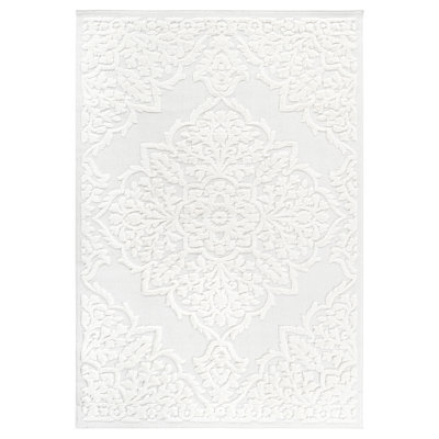 High-Low Medallion Cream/Cream Indoor Area Rug, 2'x3', Modern, Contemporary, Geometric, Bohemian, Bedroom, Kitchen, Living Room, Doormat, Non Shedding Carpet