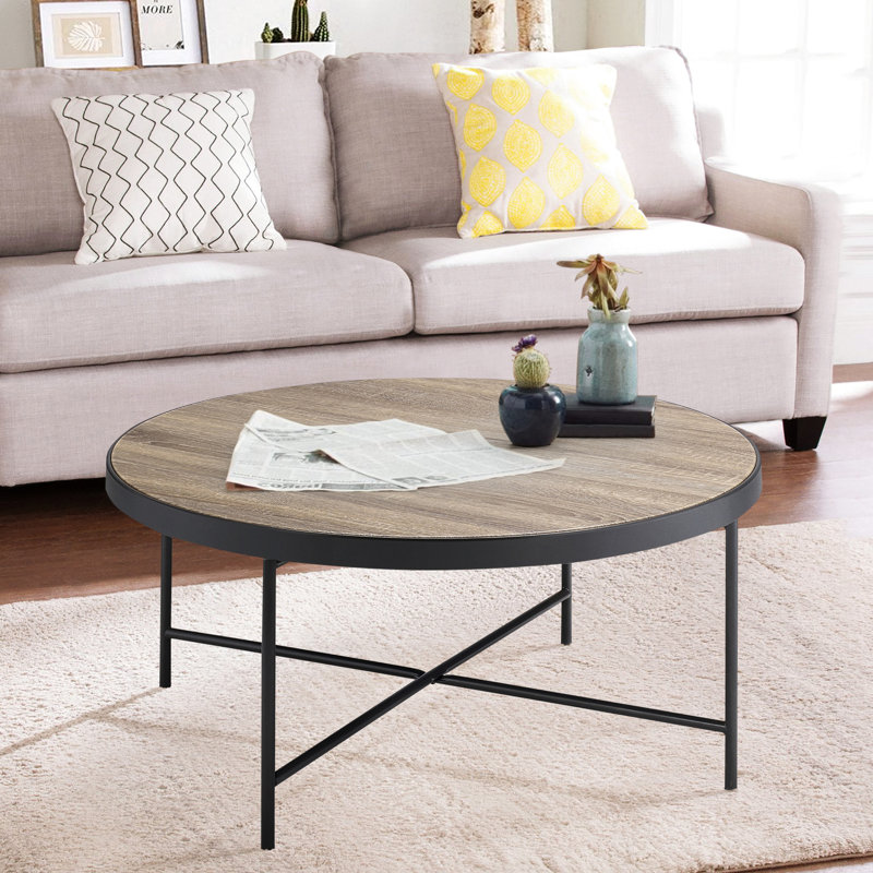 Industrial-style Coffee Table, Grey And Black, Metal Trimmed Surface Round Wooden Top Table With Trim, Black Industrial Style