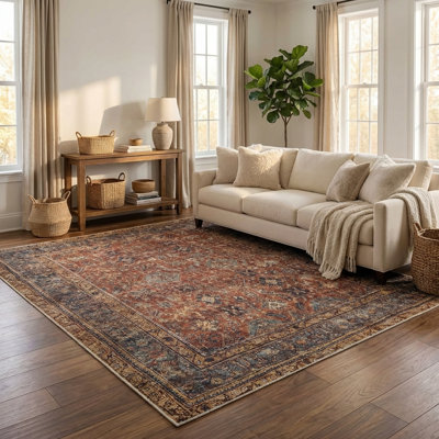 Washable Non-Slip 12 ft Runner - Terracotta / Mustard Traditional Oriental