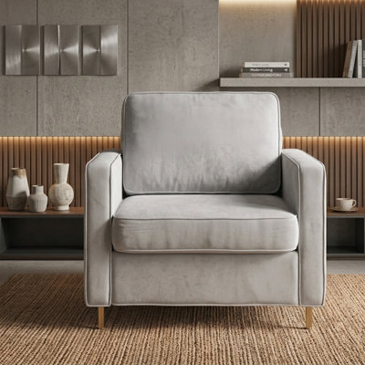 42.1" Modern Accent Chair Chenille Upholstered Single Sofa with Square Arms, Sewn Pillow Back & Yellow Iron Legs for Living Room, Bedroom and Reading Nook, Light Gray