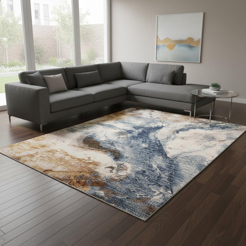 Tapis abstrait crème et cuivre 8 pi x 10 pi bleu