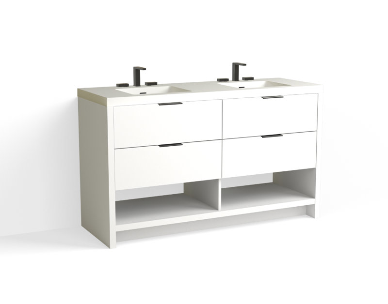 Vue 60" W Freestanding Double Bathroom Vanity, Glossy White/8" Widespread, Matte Black, White Nanomatte