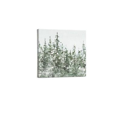 Evergreen Forest with Snowfall Minimalist Winter Canvas Print Wall Art Colorful for Living Room, Bedroom, Office - Green -24"x24"