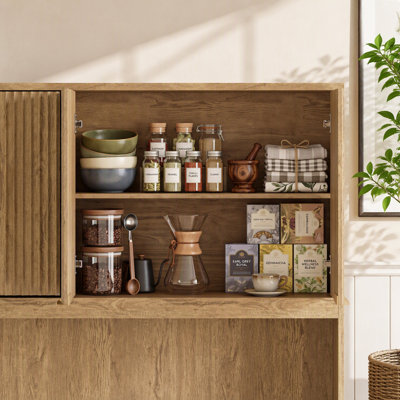 Garde-manger de 71 po de hauteur avec prise de courant, comptoir ouvert creux, armoire de rangement moderne multifonctionnelle pour salle à manger, entrée et salon, naturel