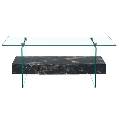 " two-tier glass coffee table with storage drawer, modern black marble pattern design for living room