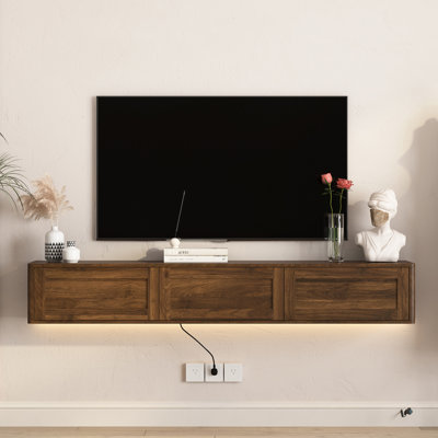 Meuble télé mural en bois flottant ultrabrillant pour salon avec lumières à DEL et prise de courant 3 composants de rangement standard à 2 ports Accessoires de jeu 16 - Couleur simple à DEL élégant