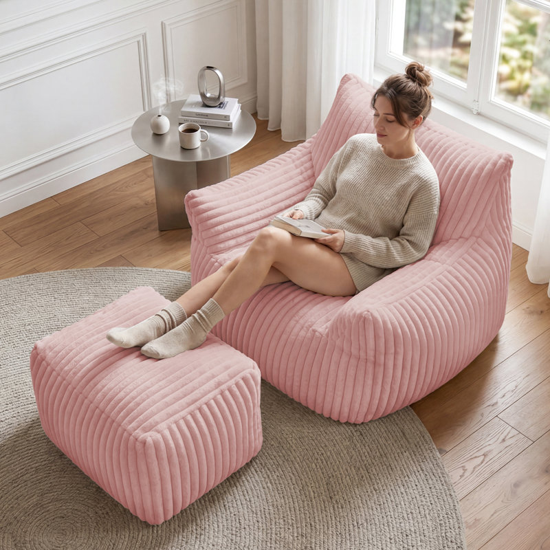 Set of 2 Oversized Compression Corduroy Foam Bean Bag Chair with Ottoman(Set of 2), Pink