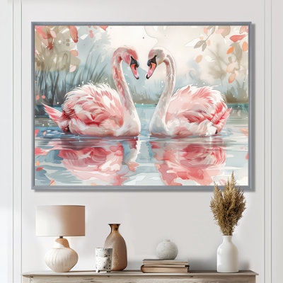 Pink White Swan Pond Romance II - Swans Animal Wall Art Living Room