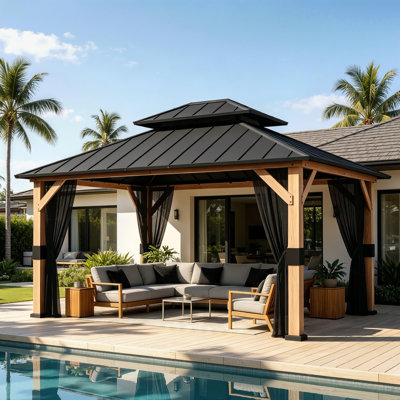 Pavillon de jardin permanent en métal L 11 pi. X P 11 pi. D Pavillon de jardin à toit double avec toit en acier galvanisé, pergola extérieure en bois massif avec filet en maille pour terrasse et cour