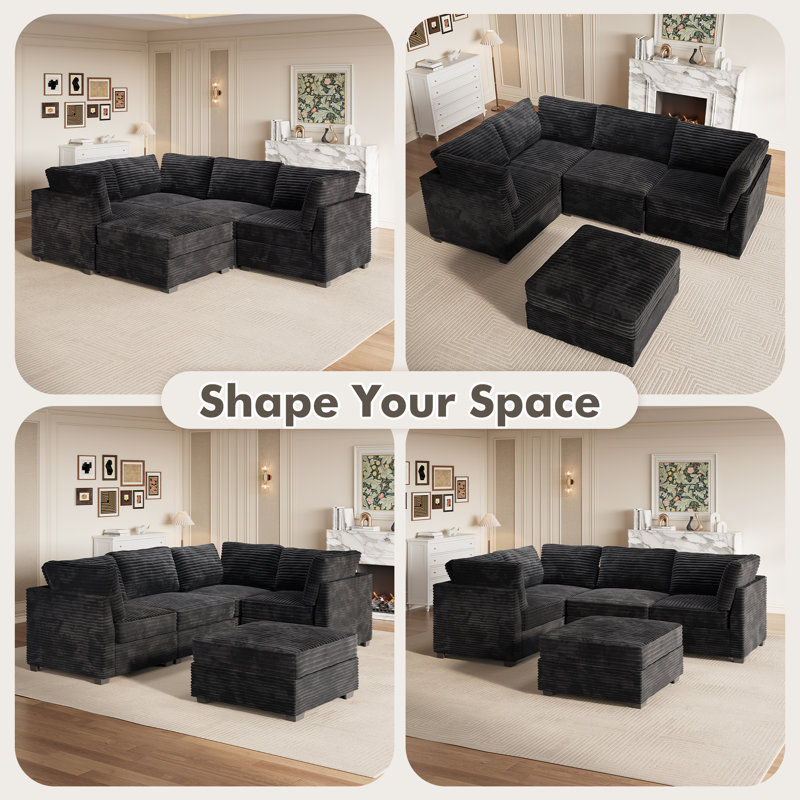 Canapé modulaire en velours côtelé 5 pièces avec repose-pieds, canapé-lit à assise profonde pour salon et chambre à coucher, canapé rembourré moelleux et facile à assembler