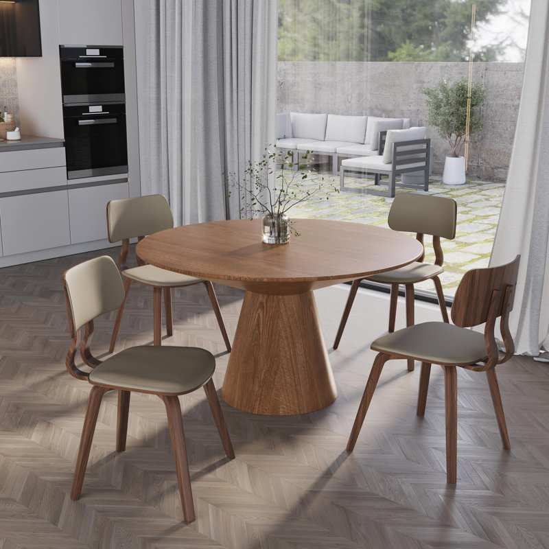 5-Piece Dining Set Round Dining Table With Ash Wood Top And 4 Leather Dining Chairs In Stained Wooden Legs, Brown/Walnut