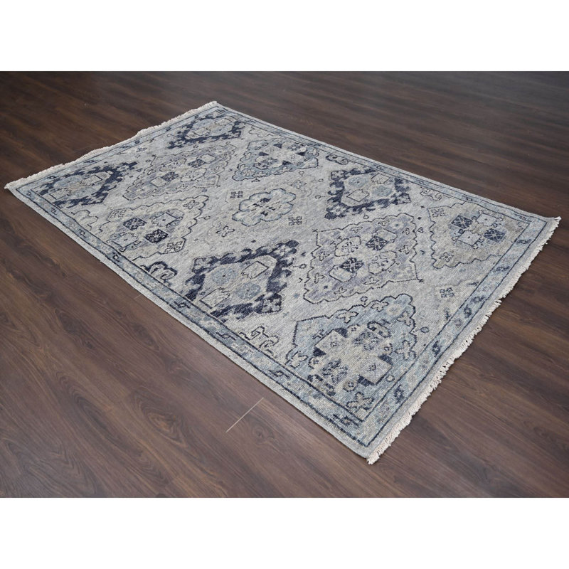 Tapis gris / noir nouvel âge en laine noué à la main de conception unique 5 pi 10 po x 8 pi 10 po Virnit