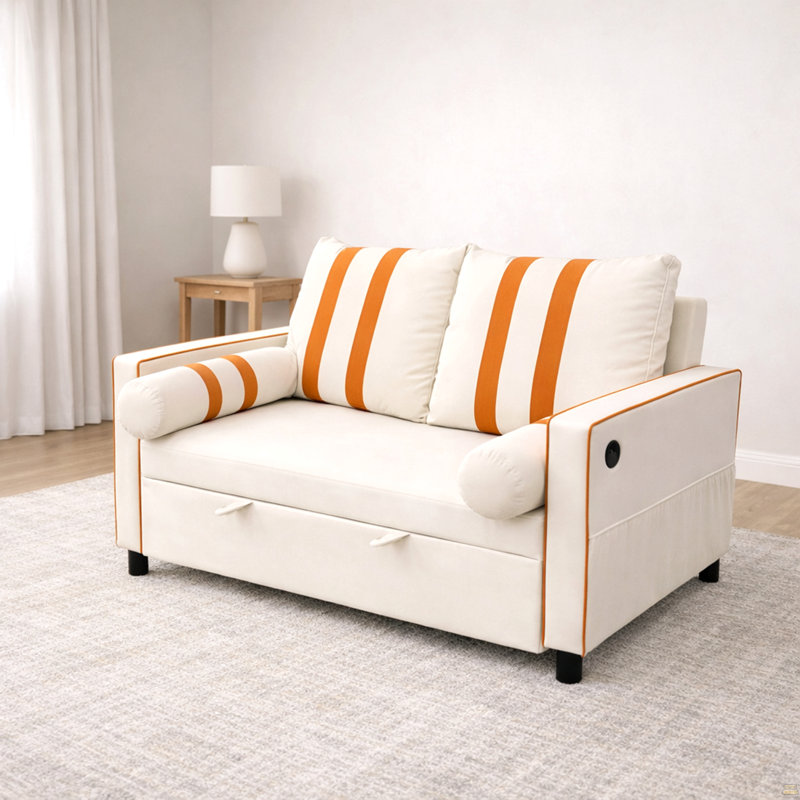 Canapé-lit escamotable beige à 2 places avec port de charge USB, dossier réglable à 3 positions, Beige/Orange