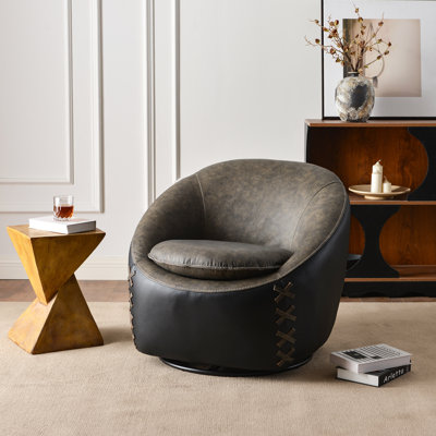 32.3'' W Top-grain Genuine Leather Upholstered Swivel Barrel Chair