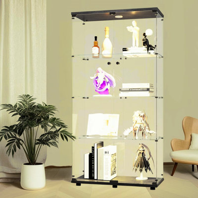 Armoire lumineuse en verre à deux portes avec quatre tablettes, idéale pour mettre en valeur des objets de collection et créer un superbe étalage