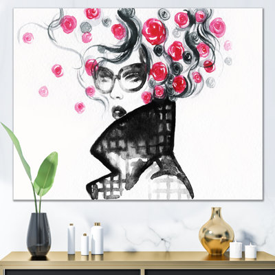Portrait d'une femme élégante en noir, blanc et rose - Art mural sur toile glam