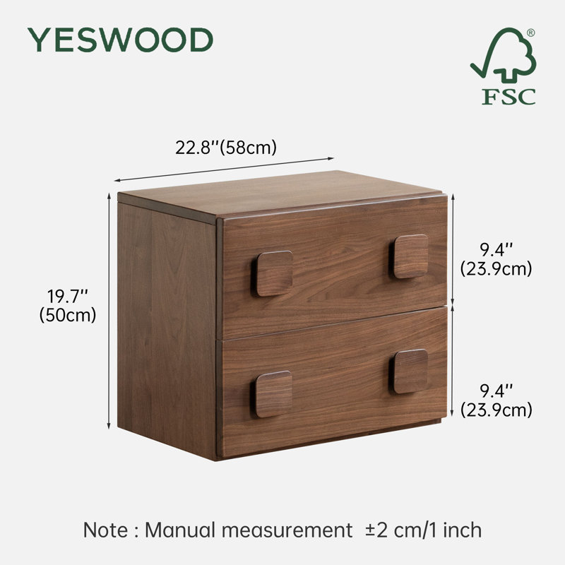 Table de chevet en bois massif 22,8 po l 22,8 po avec 2 tiroirs MCM, Brun, Poignée ronde, Ensemble de 2