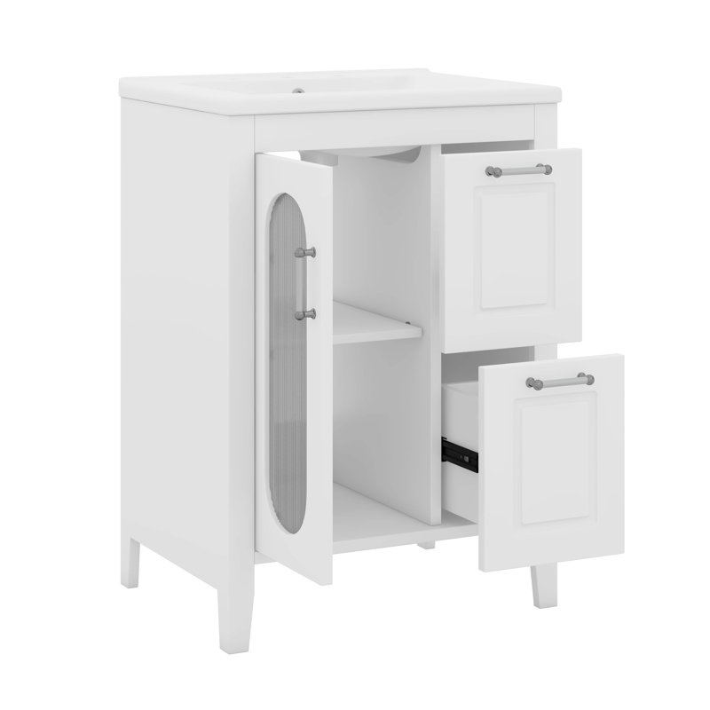 Meuble-lavabo avec tablette réglable et 2 tiroirs, Blanc