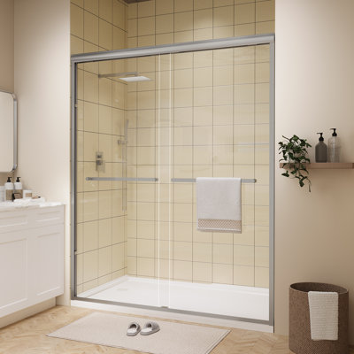 Porte de douche coulissante double encadrée de 56 à 60 po x H 72 po en nickel brossé avec verre trempé transparent, poignées doubles