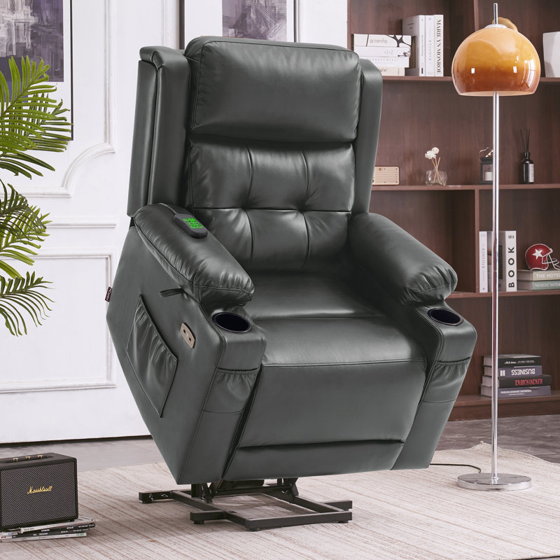 Coolkeeran Lay Flat Dual Motor Power Recliner Lift Chair with Heat and Massage, Infinite Position, Dark Gray Faux Leather