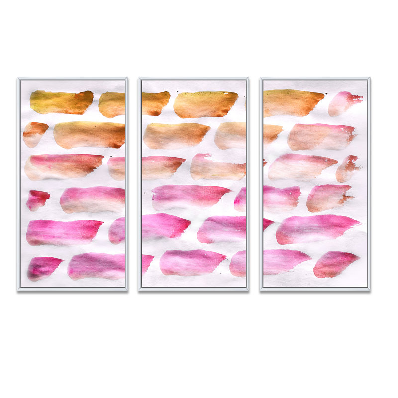 «Pink and Dark Yellow Abstracts Brushes», peinture sur toile 3 pièces, Blanc, H 32 po x l 48 po x P 1 po