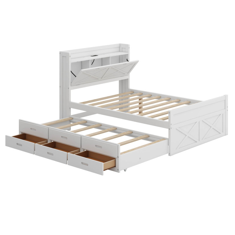 Lit en bois avec tête de lit (prises intégrées) - Conception extensible + lit gigogne simple et 3 tiroirs de rangement, Blanc
