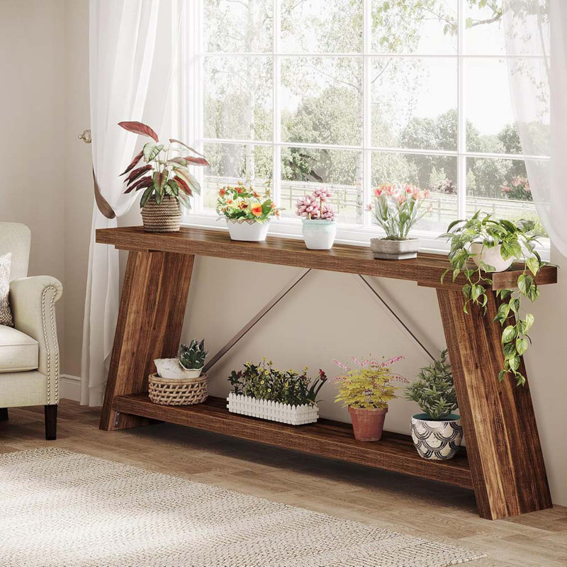 Console Farmhouse avec rangement ouvert à 2 niveaux, Noyer foncé