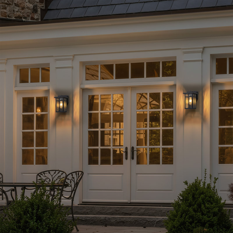Black Outdoor Wall Lantern With Water Glass Shade And Gfci Outlet
