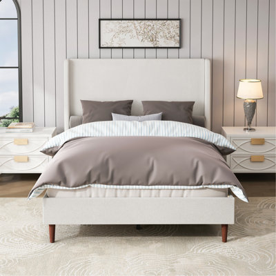 High Headboard Upholstered Bed, Queen Size Bed Frame, 12-Slat Support, Easy To Assemble, Ivory White, Chenille Cloth, No Box Spring Needed
