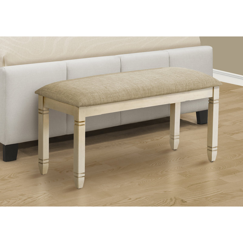Bench, 41" Rectangular, Kitchen, Dining Room, Entryway, Bedroom, Upholstered, Wood, Antique White Solid Wood, Beige Linen-Look Fabric, Transitional