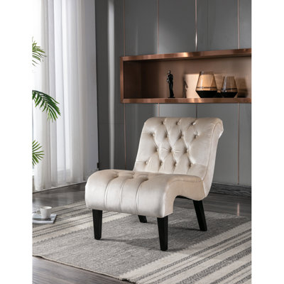 Fauteuil en velours avec rembourrage épais pour plus de confort - Chaise d'appoint de couleur beige avec structure en bois et assise moelleuse