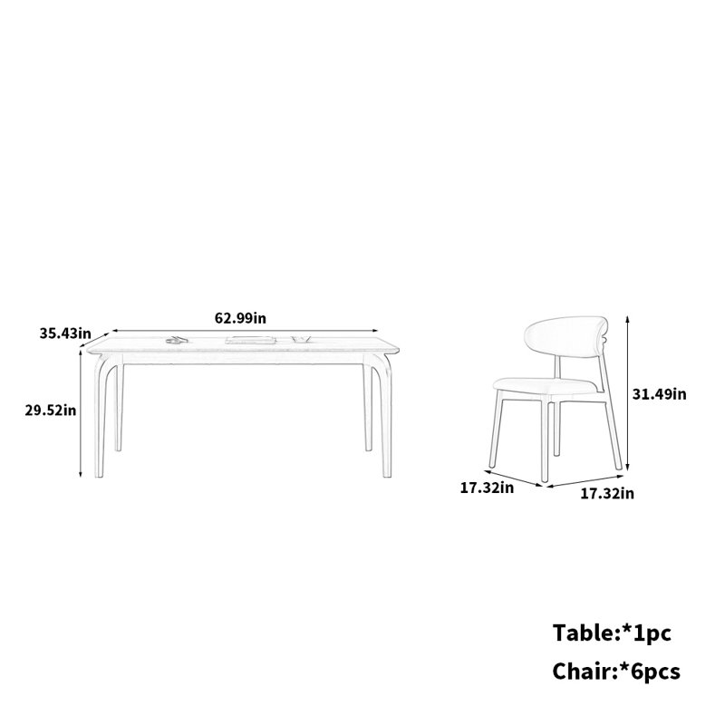 Luxury Ash Wood Dining Set with Stone, 29.52"H x 62.99"L x 35.43"W