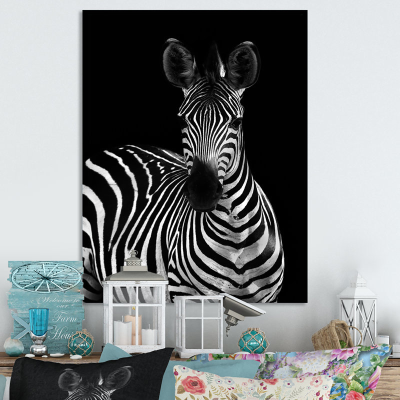 Zèbre en noir et blanc II - reproduction d'art sur toile, H 20 po x l 12 po x P 1 po, Toile tendue