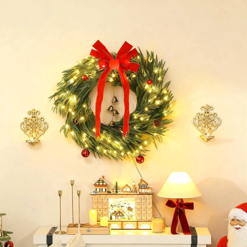 Couronne de Noël pour porte d'entrée avec lumières à DEL, couronne de Noël pré-éclairée avec 8 modes et ornements, vert