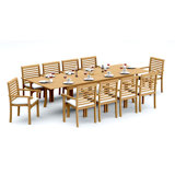 10 Seats 11 Pcs Grade-A Teak Wood Dining Set: 118" Double Extension Rectangle Table And 10 Hari Stacking Arm Chairs #11HR2410