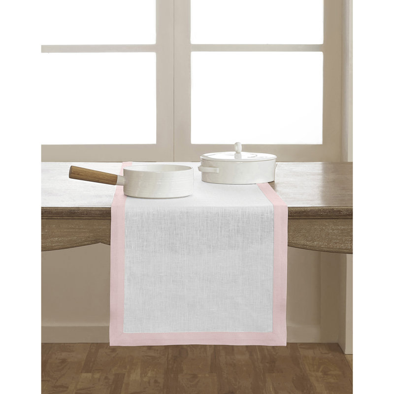 Classic - 100% Pure Linen Table Runner, Blush Pink/ White