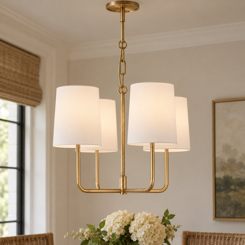 Lustre en laiton antique à 4 lumières avec abat-jour en tissu blanc, suspension moderne et classique pour salle à manger