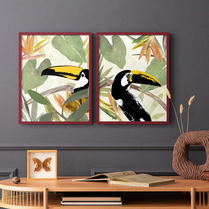 «Parrot in the Leaves I», reproduction encadrée de qualité supérieure - prête à être accrochée - aucun clou requis - aucun clou requis