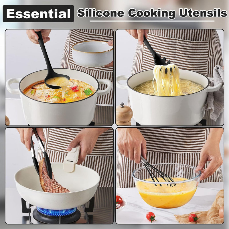Ensemble de 14 ustensiles de cuisine en silicone, noir.