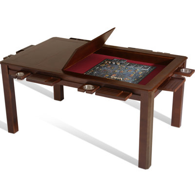 Board Game Table with Removable Top, Heirloom-Quality Solid Wood Dining & Gaming Table for 4–6 Players, Neoprene Play Mat, Leaf Storage Rack, 6 Cup Holders & Trays, 54" x 31" Big Play Area, Nature