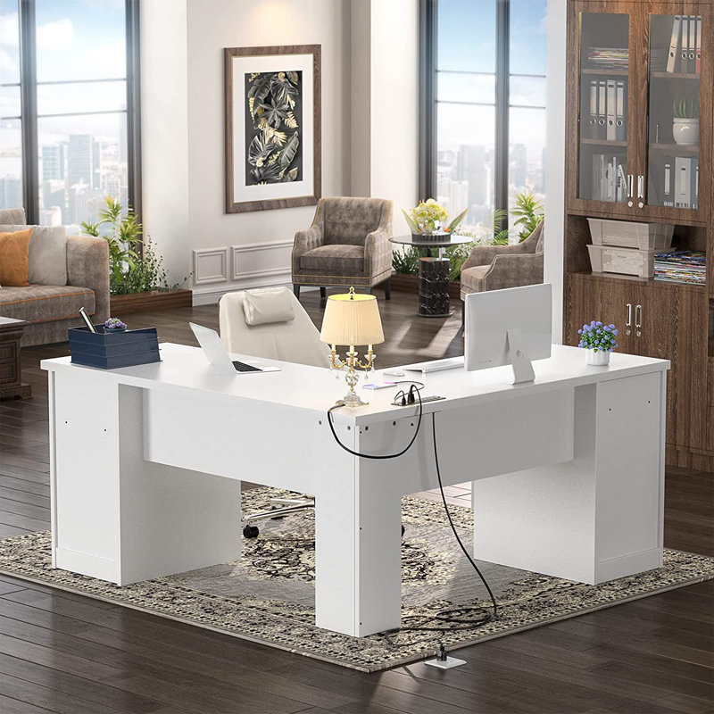 Detcho 60'' L Shaped Executive Desk with Drawers and Power Outlets, White