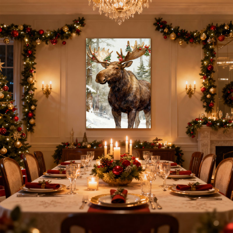 Orignal de Noël avec décorations de Noël dans la forêt enneigée, ensemble de 3 impressions sur toile, H 30 po x l 20 po